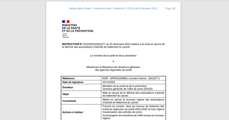 Réforme des autorisations d’activité de traitement du cancer : parution de l’instruction guide destinée aux ARS